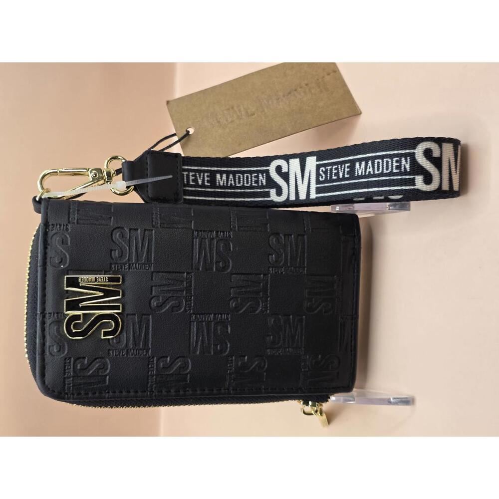 Steve Madden Black Embossed Logo Wristlet Wallet